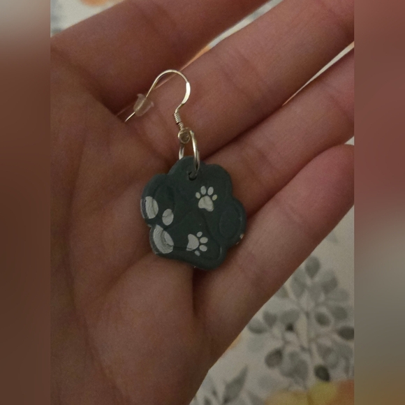 🆕️ Clay Teal/White Paw Print Stud Earrings w/ Drop Dangle Made by Local Artist - Picture 2 of 3